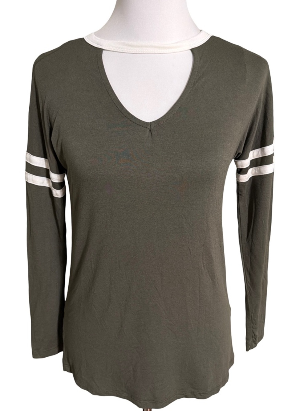 Ultra Flirt Olive Green Long Sleeve Cutout Top White Stripes